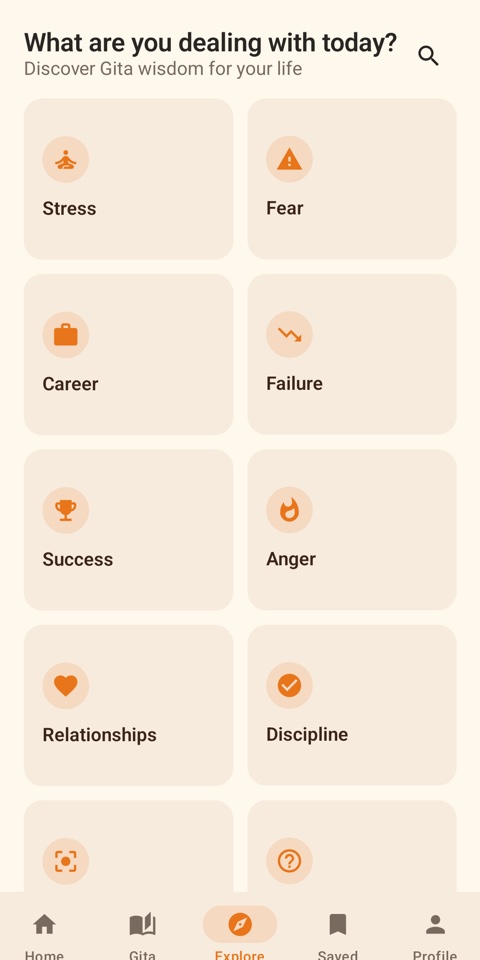 Gita Today Explore screen listing life situations like Stress, Fear, and Career