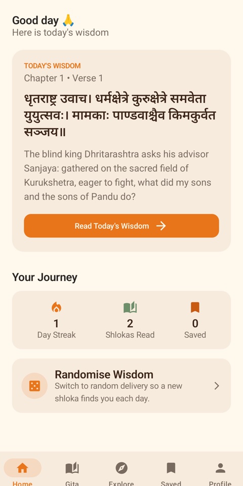 Gita Today Home screen showing today's verse and Your Journey stats